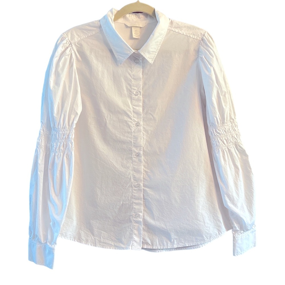 H&M Women’s white long sleeve button down blouse puff long sleeve size L…